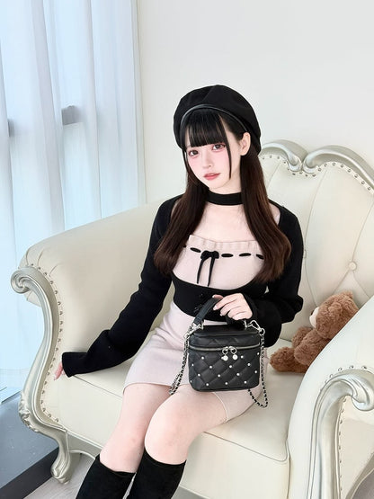 Slip Two-Piece with Dress Set: Black Kei Top Jirai Elegant Open-Bust Pink