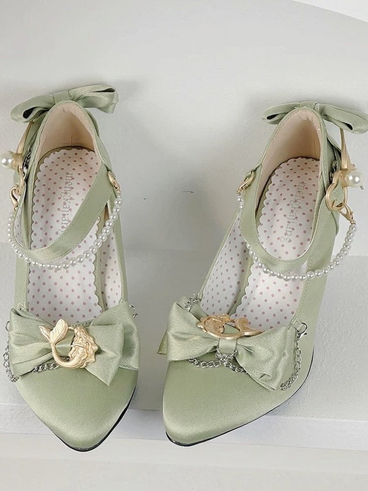 Pearl Chain Pointed Toe Mary Jane Heels with Mermaid Design - Meng Ka Jiang