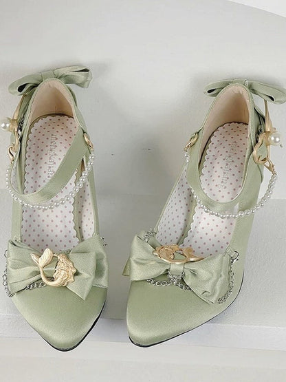 Pearl Chain Pointed Toe Mary Jane Heels with Mermaid Design - Meng Ka Jiang