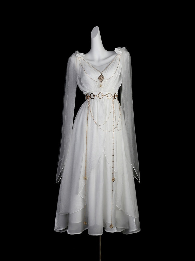 White Greek-inspired Lolita Flowing Bow Shoulders Maxi Dress with Gold Chains - Xiong Dou Jiang