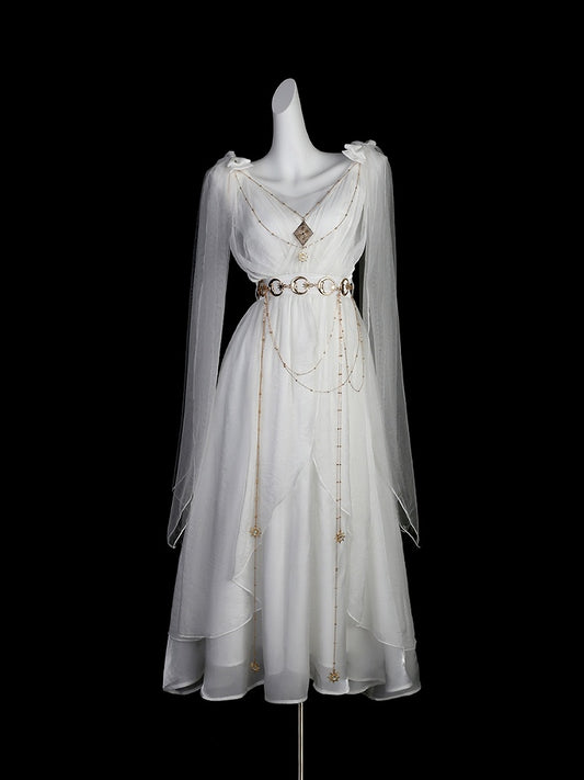 White Greek-inspired Lolita Flowing Bow Shoulders Maxi Dress with Gold Chains - Xiong Dou Jiang