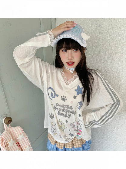 White/Blue Sheer Lace V-Neck Long Sleeve Top with Cartoon Print - Solkatt