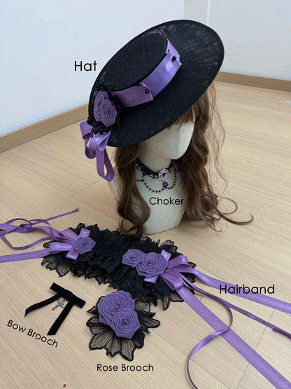 Rose Accessory Set: Hat, Hairband, Choker, Brooch, Multiple Colors - Sheer Ocean