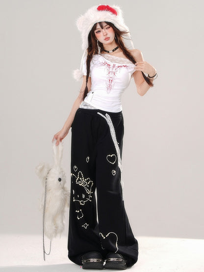 Brown/White Asymmetrical Neckline Ruched Printed Top