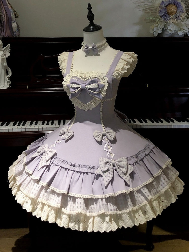 Bow-Accented Lolita JSK Dress in Purple Plaid with Lace Trim - Yinying Lolita