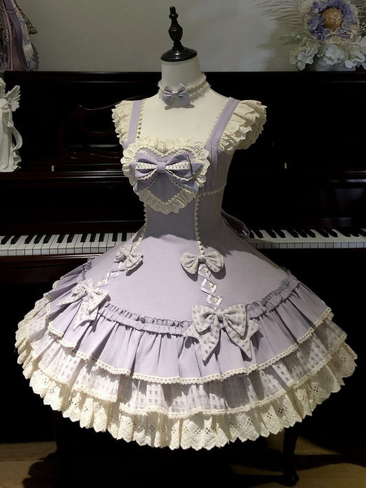 Bow-Accented Lolita JSK Dress in Purple Plaid with Lace Trim - Yinying Lolita
