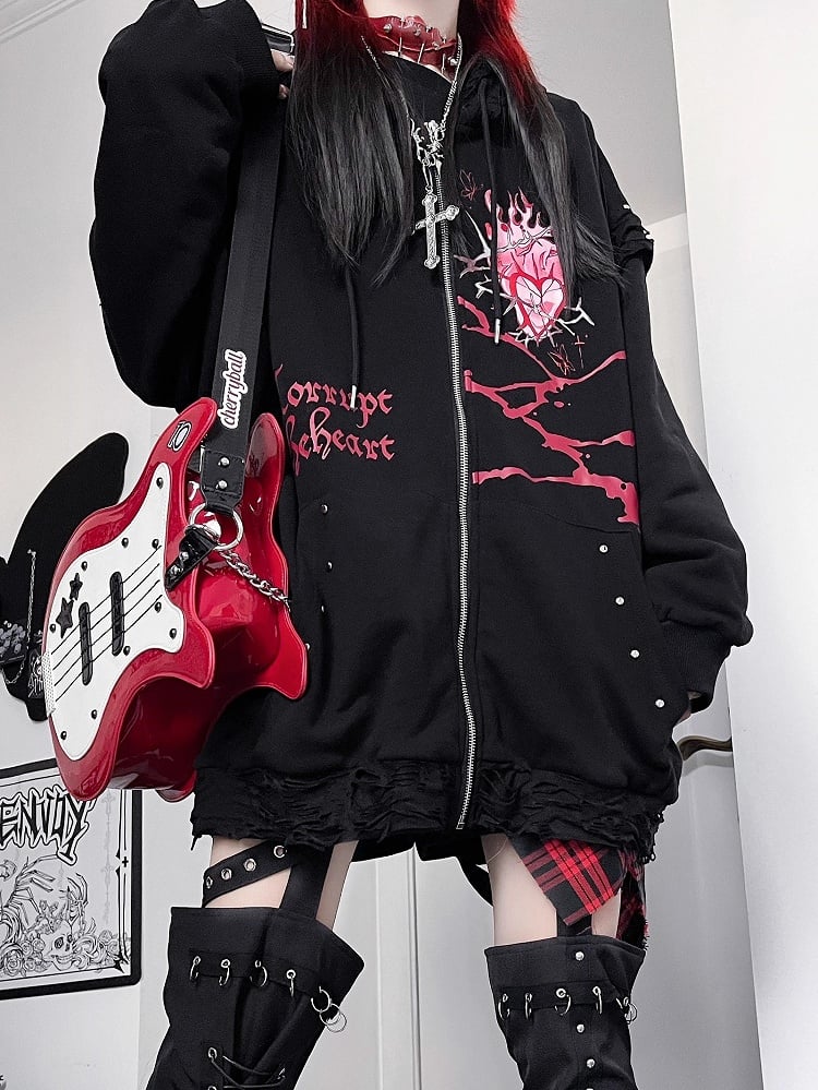Zip-up Studs And Kawaii Guro Hoodie Cat Decorated Letter Black Ear Print Heart
