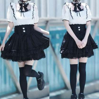 Outfit Cutout Schwarze Kei Bluse Halskorsett - und Square Shoulder Rock Schnürung Weißer Jirai