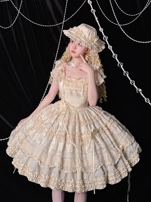 Pleating Details Classic Ruffle Trims Lolita Dress and Elegant Beige