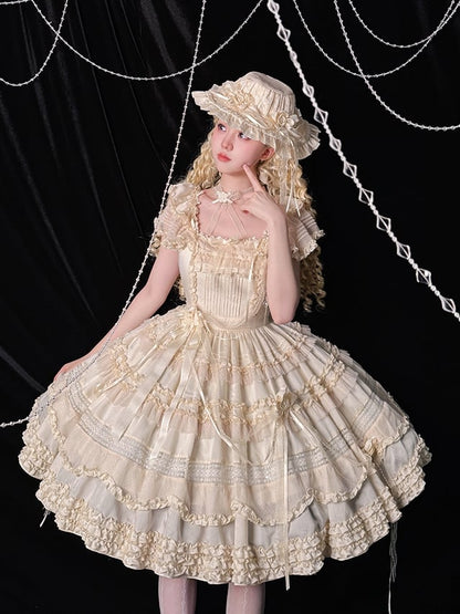 Pleating Details Classic Ruffle Trims Lolita Dress and Elegant Beige
