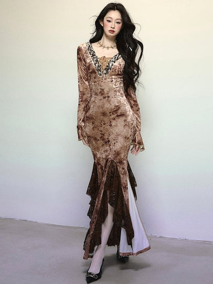 Kaffee Pailletten V-Ausschnitt Hohe Taille Spitze Patchwork Volant Meerjungfrau Rock Samtkleid Abendkleid