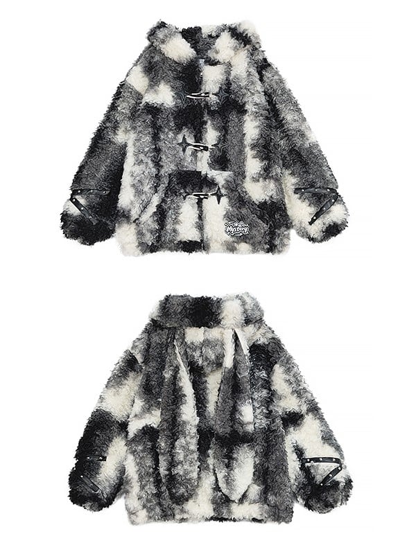 Coat with Adorable Bunny Ears and Crossed Strap Sleeves Beige Black Plush Faux Fur Hooded Duffle