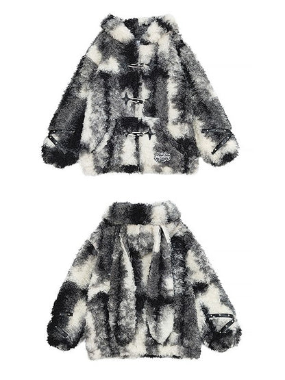 Coat with Adorable Bunny Ears and Crossed Strap Sleeves Beige Black Plush Faux Fur Hooded Duffle
