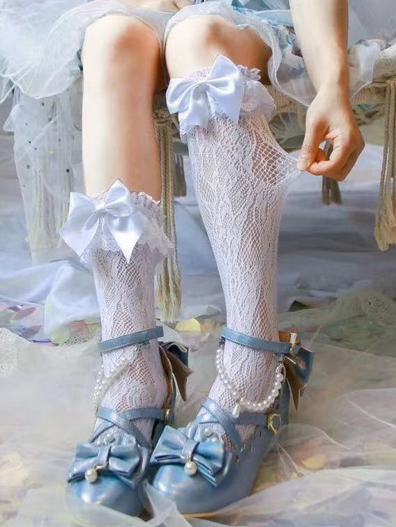 White/Yellow/Black Big Bow Ruffled Lace Cuff Calf Socks