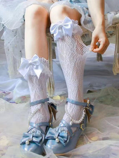 White/Yellow/Black Big Bow Ruffled Lace Cuff Calf Socks