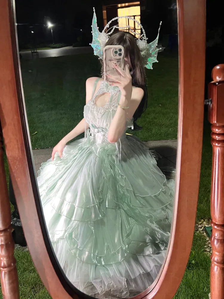 Rock mit mehrlagigem Feenkleid, Besatz, leichte Prinzessin, Lolita, kaskadierende Rüschen, grünes Korsett