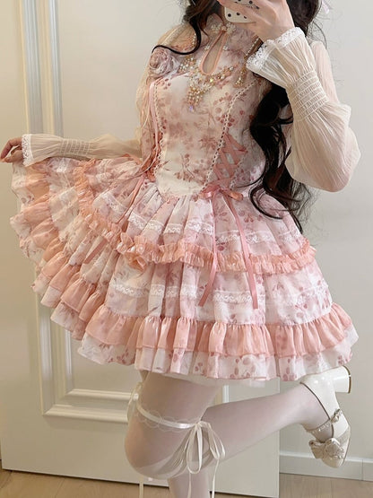 Qipao-Style Floral Halter Details Pattern with Lace Pink Dress Button Lolita Sweet Neck