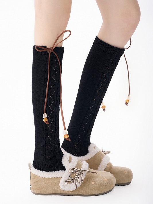 Detail with Bow Socks Knit 5-Color Bead Calf Pointelle