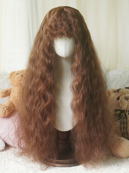 Schwarz/Karamell/Blond/Hellblond, hüftlange, gewellte Perücke mit lockigem Pony