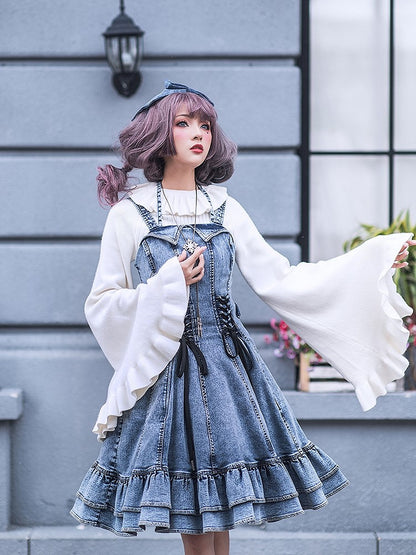 Top Bell Knit Beige and Lolita Ruffled Sleeve Collar Cuffs