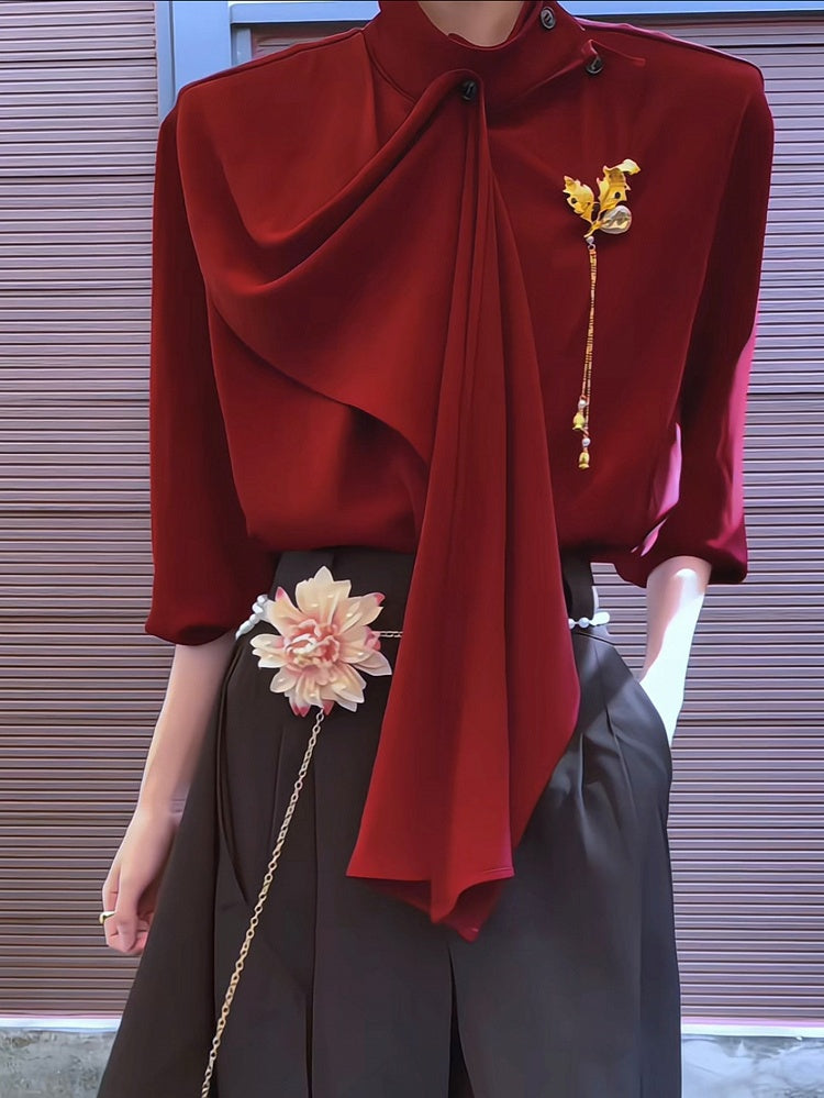 with Red Brooch Shirt and Design Golden Ribbon Leaf-shaped Vintage