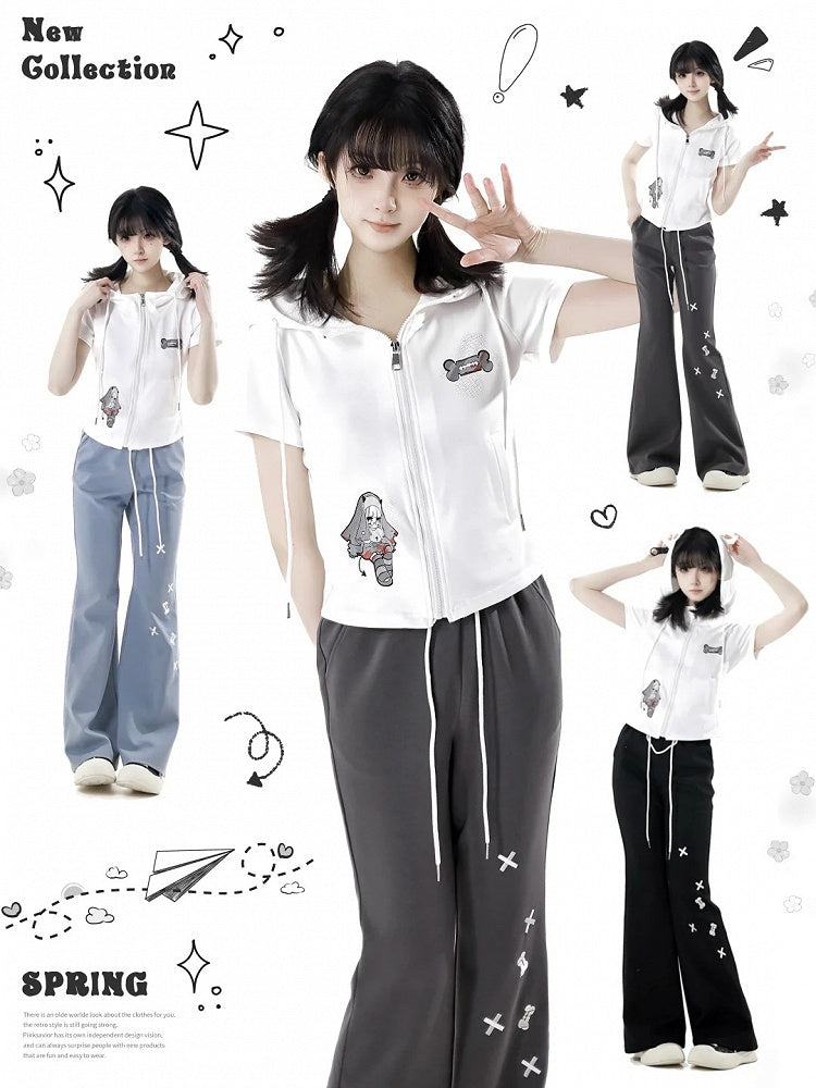 Schlaghose mit Knochenstickerei und Kordelzug in der Taille, Schwarz/Blau/Grau