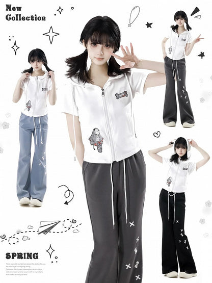 Schlaghose mit Knochenstickerei und Kordelzug in der Taille, Schwarz/Blau/Grau