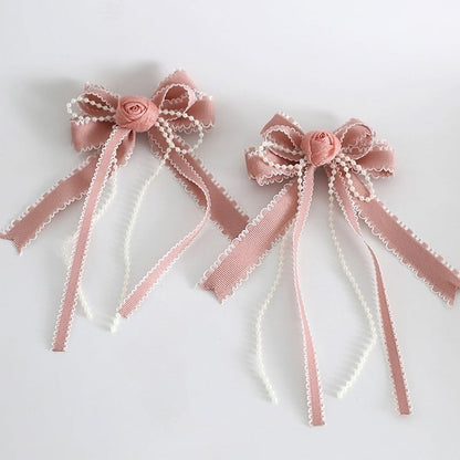 Floral Decorated Sweet WhitePink Beaded Bowknot Design Hairclips Lolita