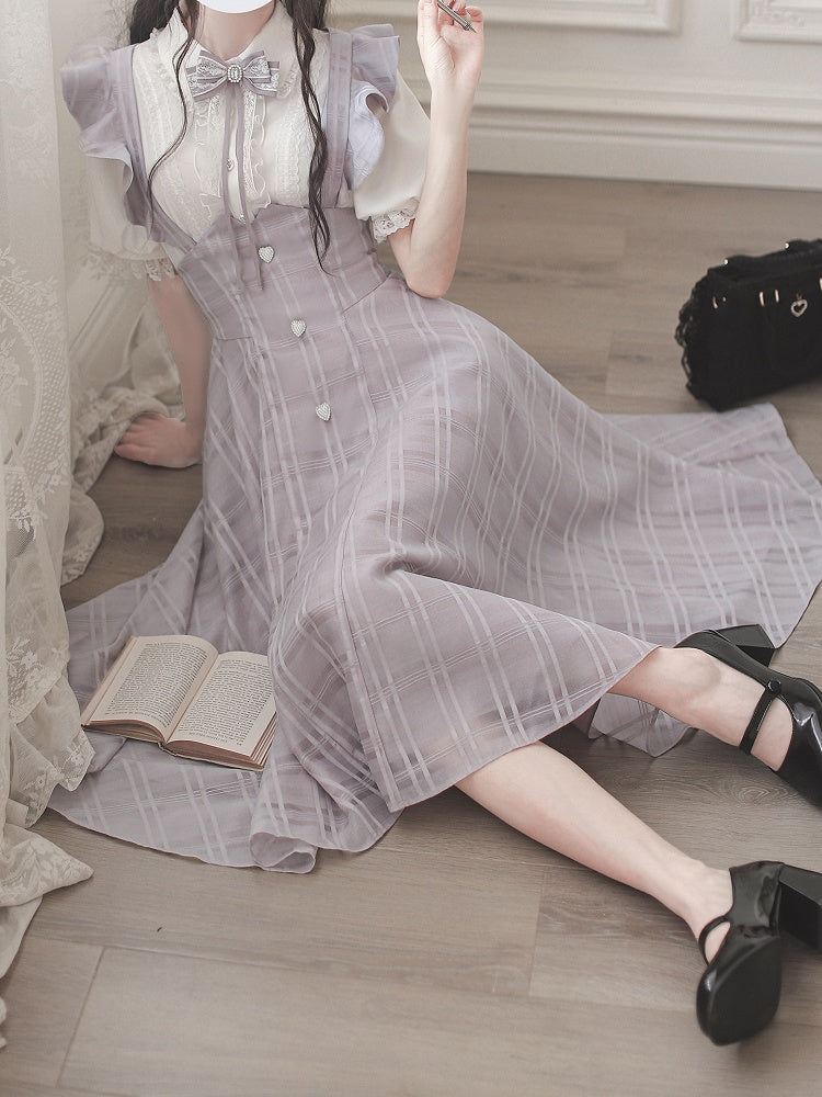 Purple Taro Long Plaid Overall with Version Flutter Sleeves Dress