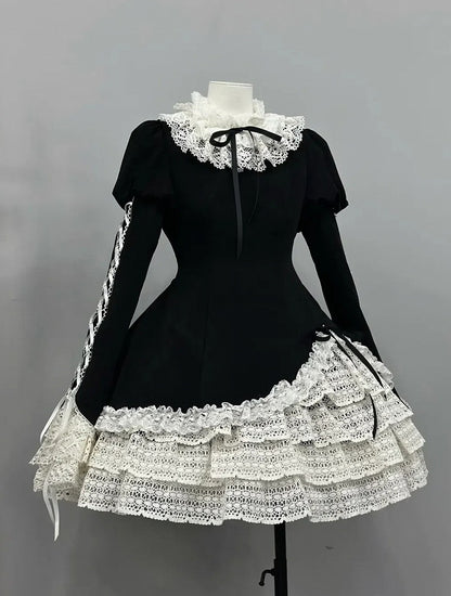 Black and White Ruff Collar Old School Lolita Long Sleeves Dress