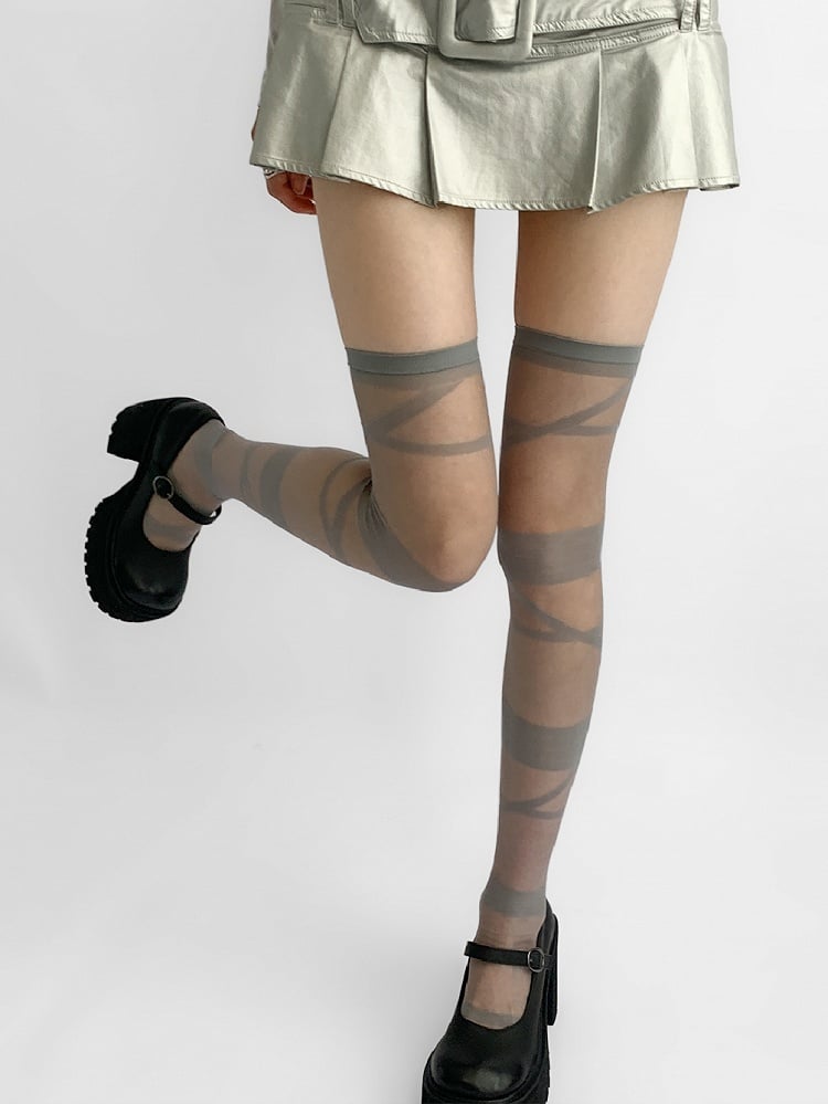 Y2K Overknee Grau/Weiß/Schwarz/Beige Strümpfe Crisscorss Banded