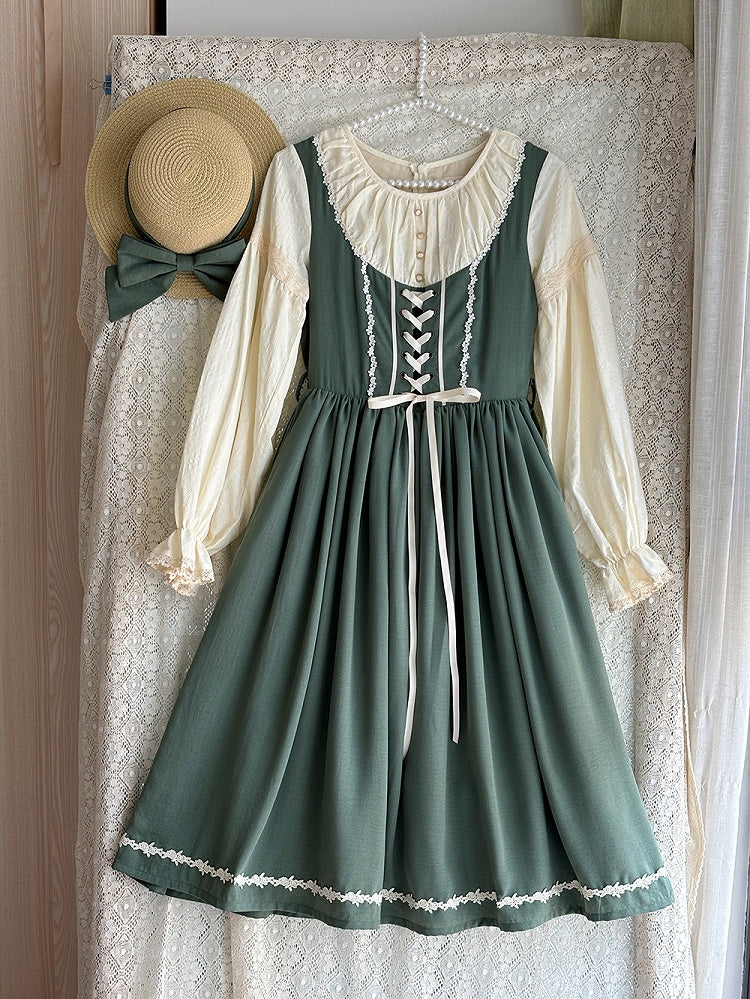 Green & Beige Round Neck Long-sleeved Elegant Classic Lolita Dress with Lace-Up Front