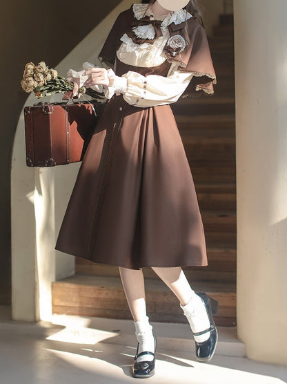 Lolita Two-Piece Brown Elegance OP: with Faux Cape Academic Detachable Vintage