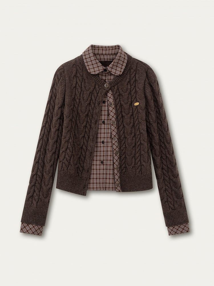 Sweet Plaid Blouse with Pattern Fake Two-piece Brown