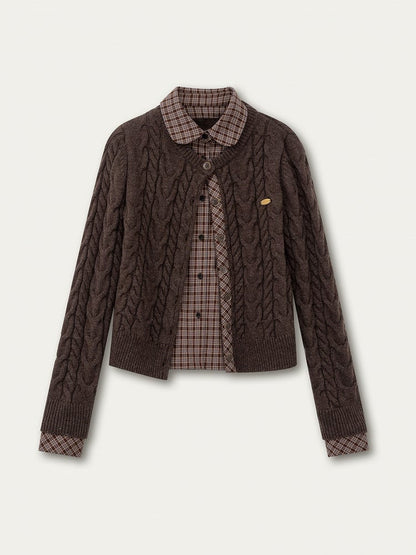 Sweet Plaid Blouse with Pattern Fake Two-piece Brown