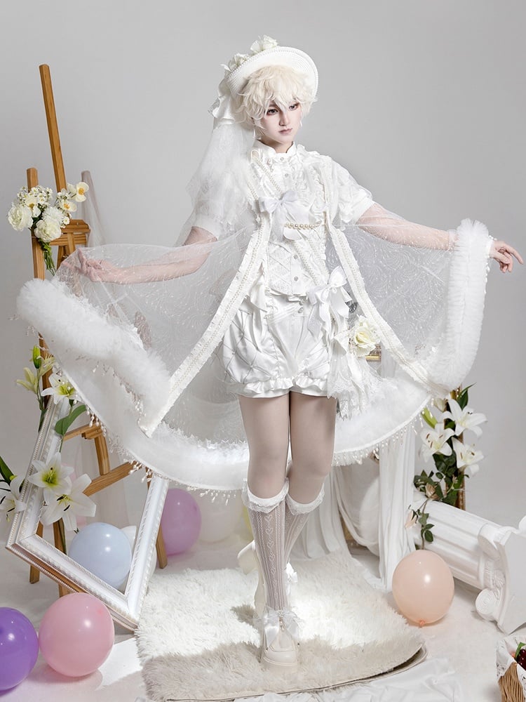 Weiße Shorts Bloomer Shirt All Prince Lolita High - Set Outfit Cape + Taille Full Ouji Kurze Ärmel