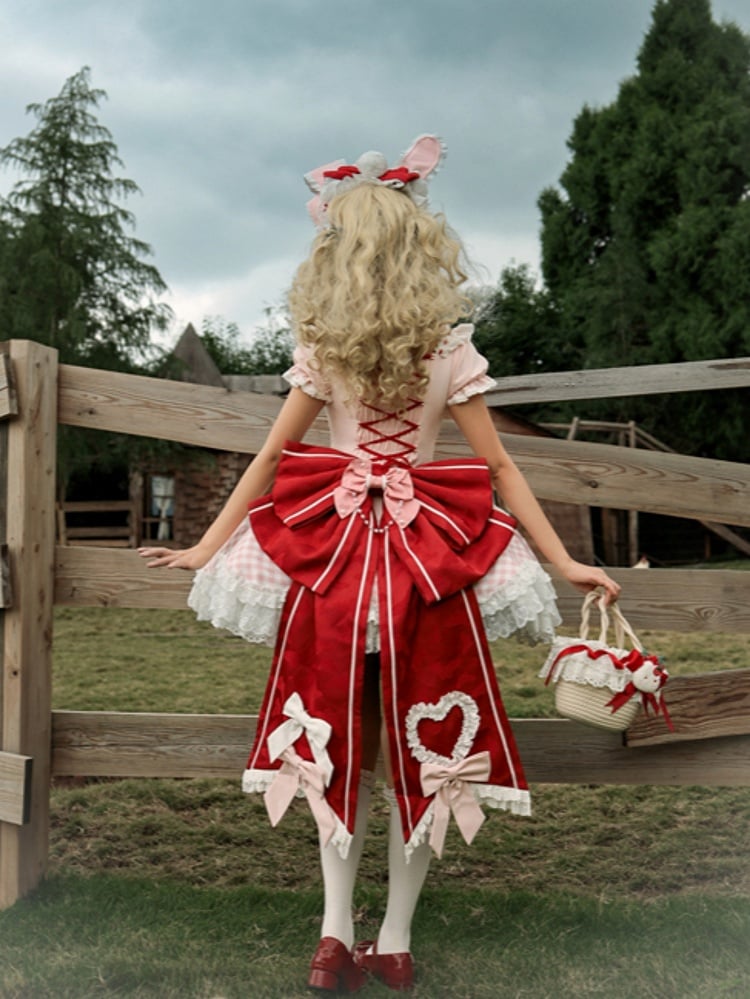 Heart Lolita Bow Decorated Pink Strawberry-Themed JSK Red and Set / Cute Full