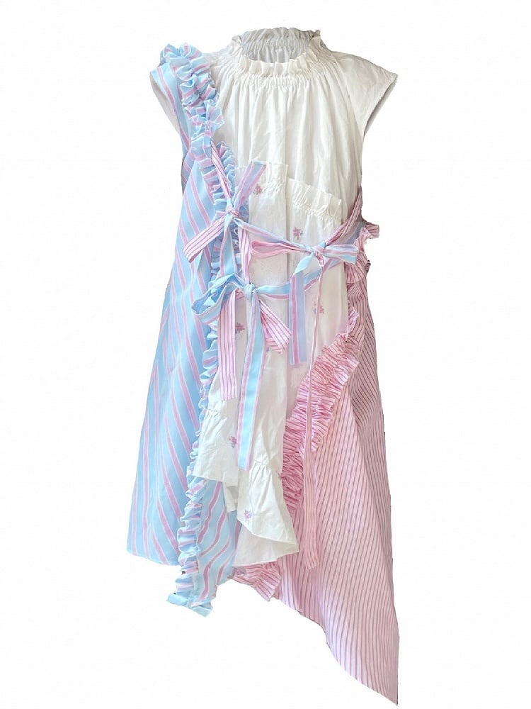 Embroidered Hem Accents with Blue Pink Floral Dress Asymmetrical