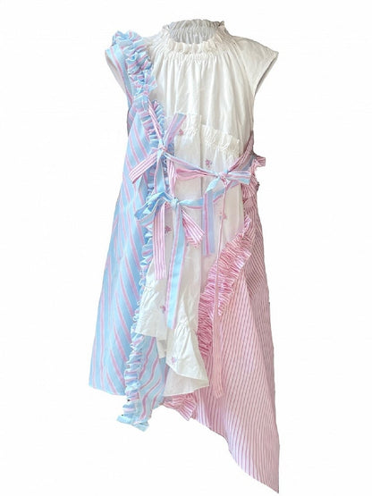 Embroidered Hem Accents with Blue Pink Floral Dress Asymmetrical