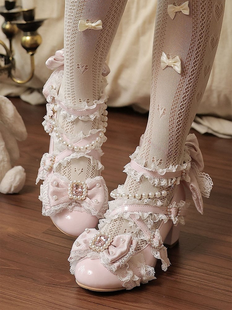 Pink Bowknot & Crystal Embellished Round Toe Lolita Shoes with Heart Buckle and Pearl Chain - Sheep Puff