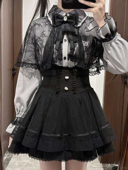 Skirt Kei High-Waist Tiered Heart-Shaped Accents Black Button with Jirai