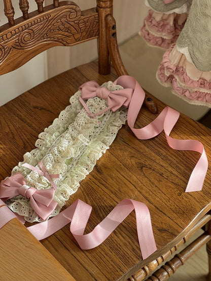 Lolita Hairband Green Pink Lace with Ruffled Bow Accents
