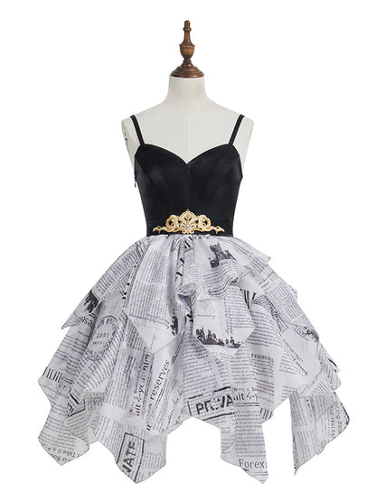 Eleganter Rock, mehrlagiges Pulloverkleid, Lolita-Print, Zeitungstaschentuch