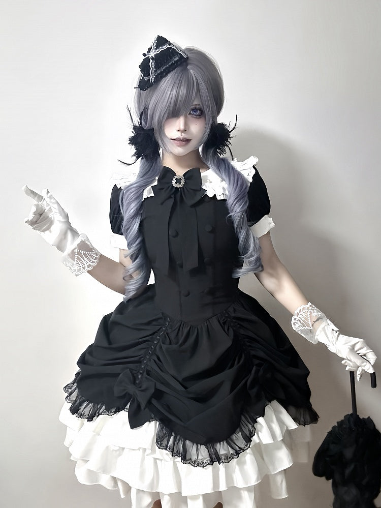 and Asymmetrical Dress Black Lolita Peter Pan White Skirt Tiered Gothic Sleeves Collar Short