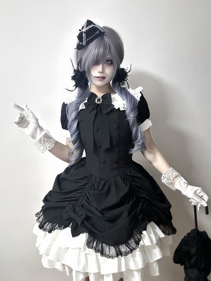 and Asymmetrical Dress Black Lolita Peter Pan White Skirt Tiered Gothic Sleeves Collar Short