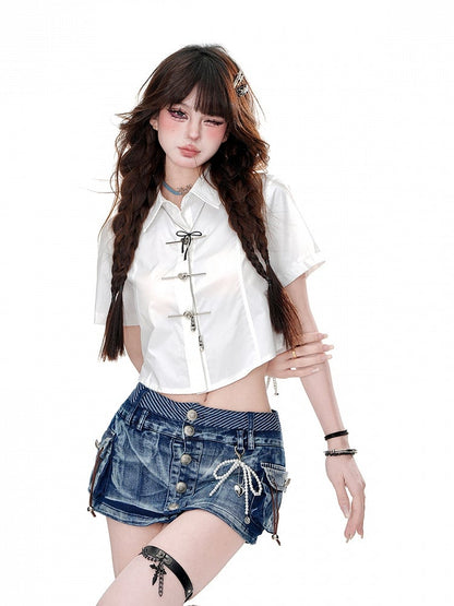 Black/White Cutout Back Glamorous Cropped Top with Big Bow at Back