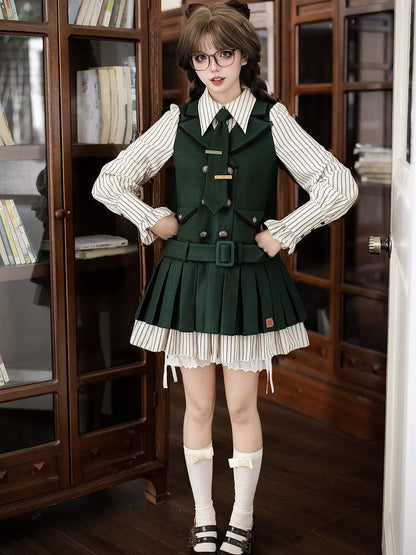 Style Tonal Green Bloomers Tie Two-pieces OP Preppy Hat Fake Lolita +
