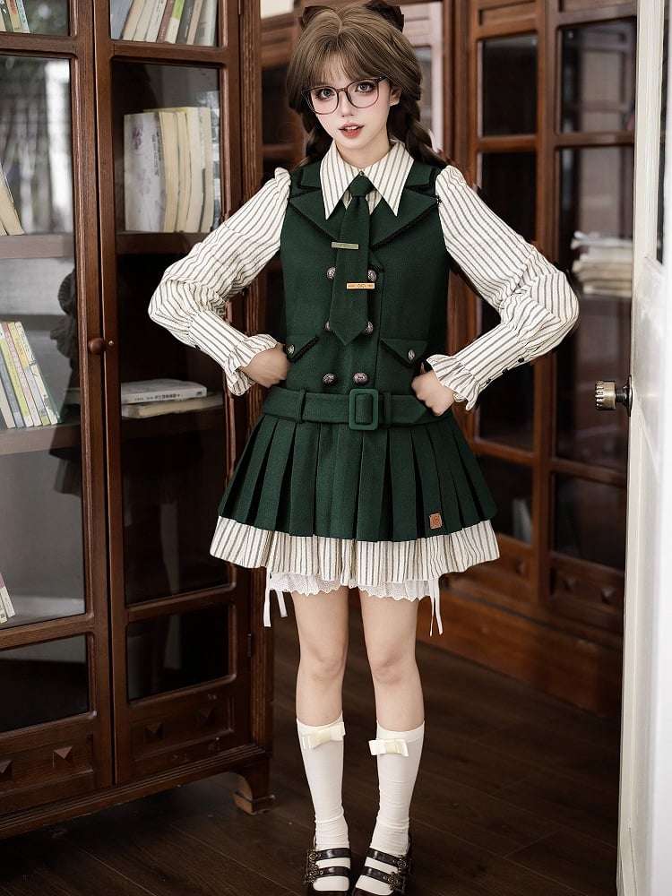 + Two-pieces Fake Box Tie Pleat Lolita Green Preppy Tonal Dress Short Style