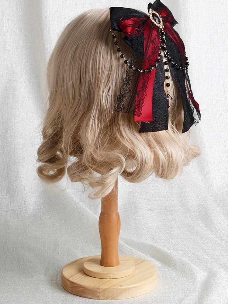 Red Black Cross Charms Gem Hairclip Lace with Bow