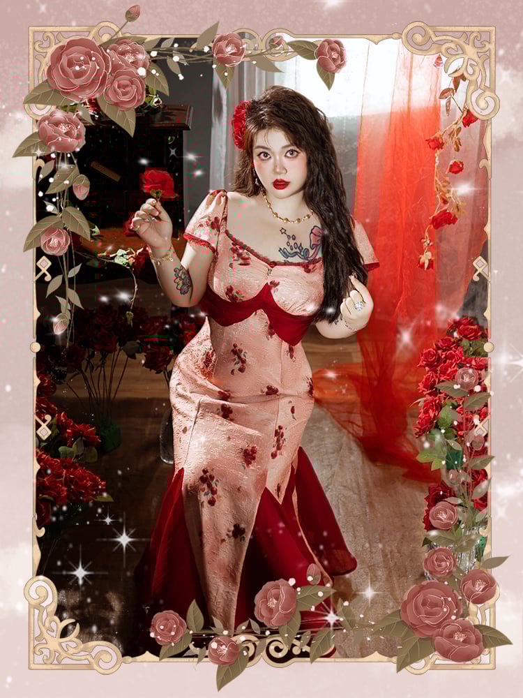 裾スカート プラスサイズ メッシュ レッド ロゼットプリント ドレス パッチワーク マーメイド